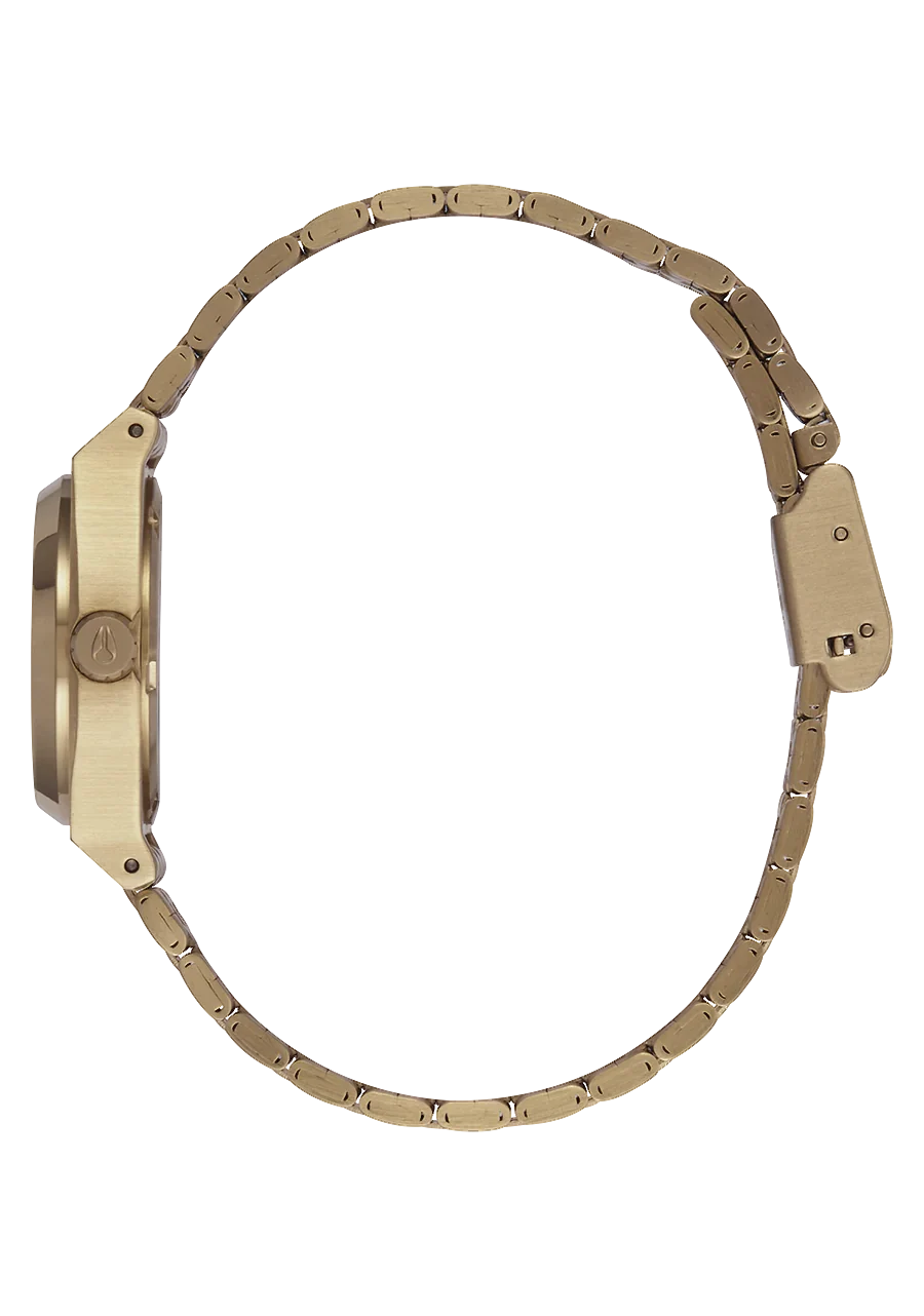 Gold watch with a detailed band on a white background