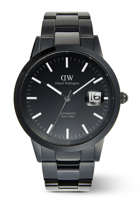 Black watch with silver bracelet on a transparent background