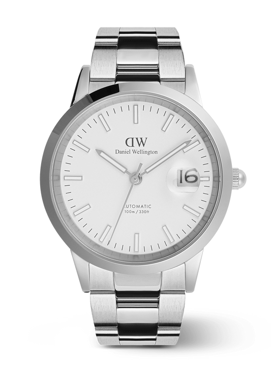 Silver watch with a white face on a transparent background