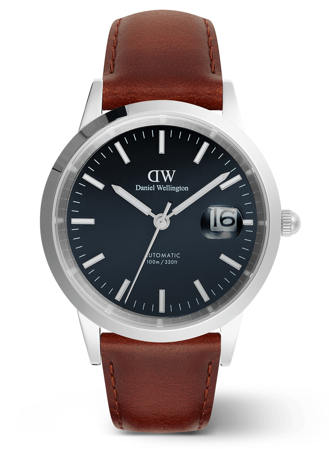Watch with brown leather strap and black dial on a transparent background