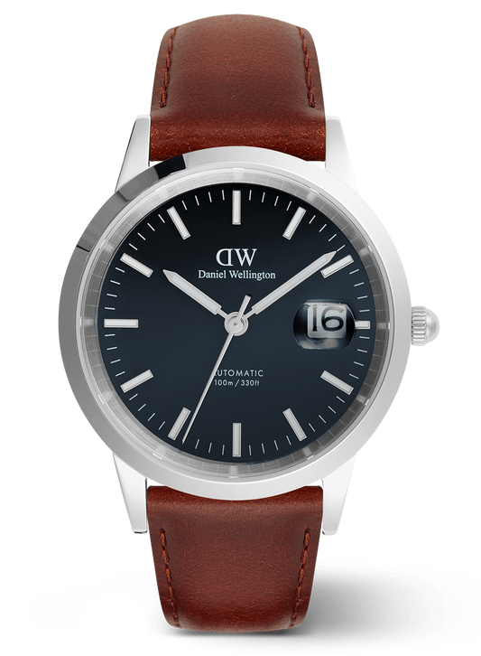 Watch with brown leather strap and black dial on a transparent background