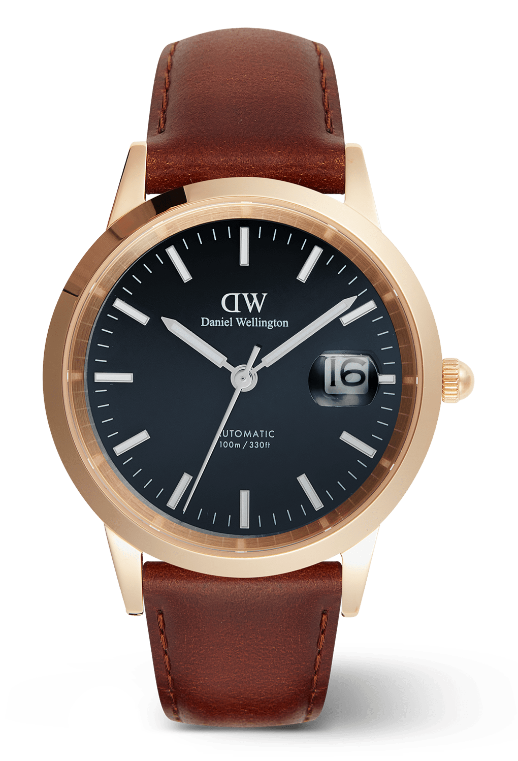 Watch with brown leather strap and black dial on a transparent background