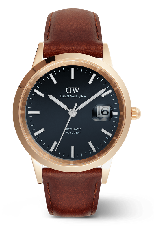 Watch with brown leather strap and black dial on a transparent background