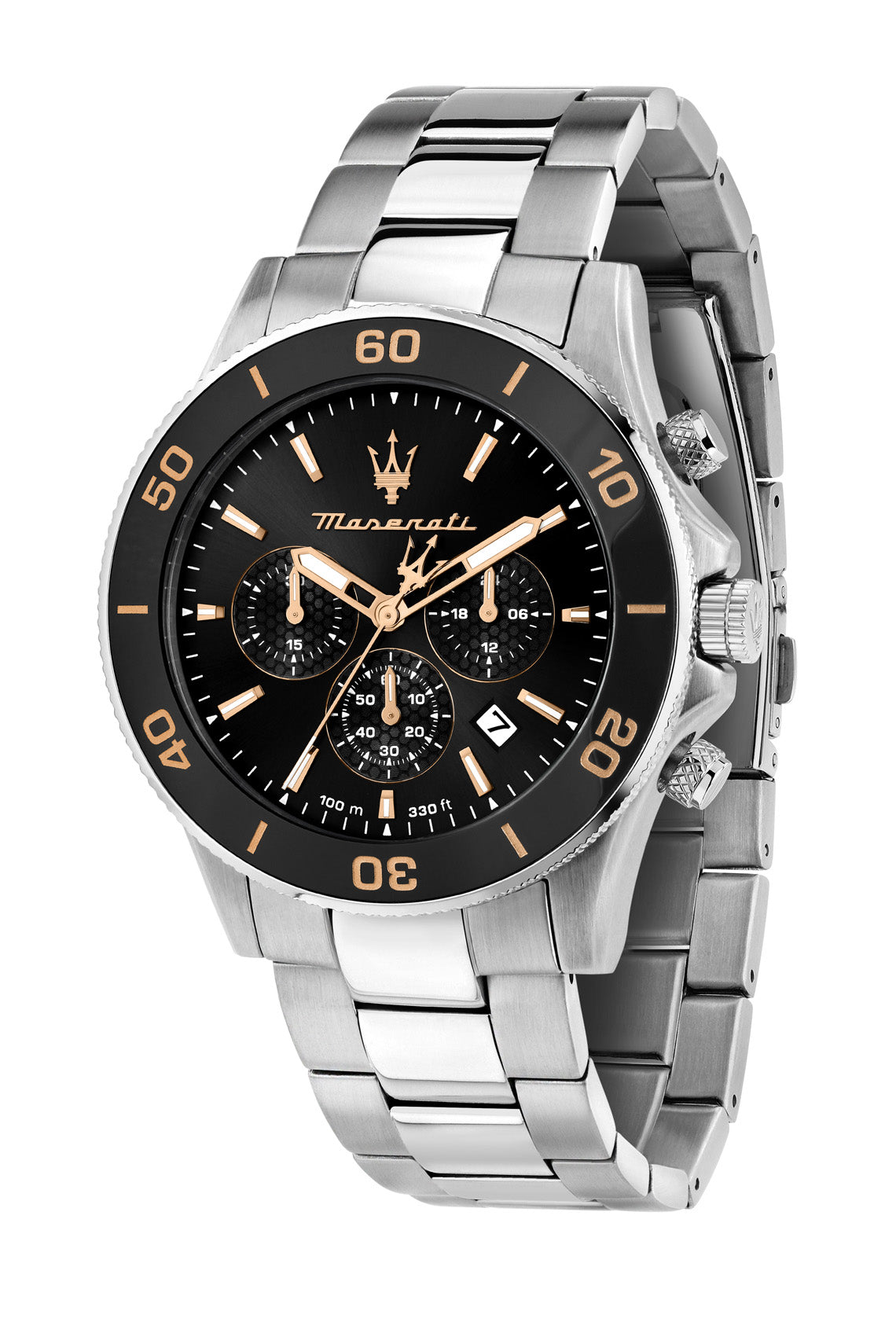 Maserati watch with black dial and silver metal strap on a white background
