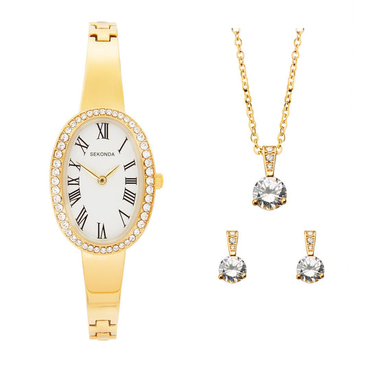 Sekonda Bellamy Crystal White Dial 23mm Womens Watch Gift Set Gold