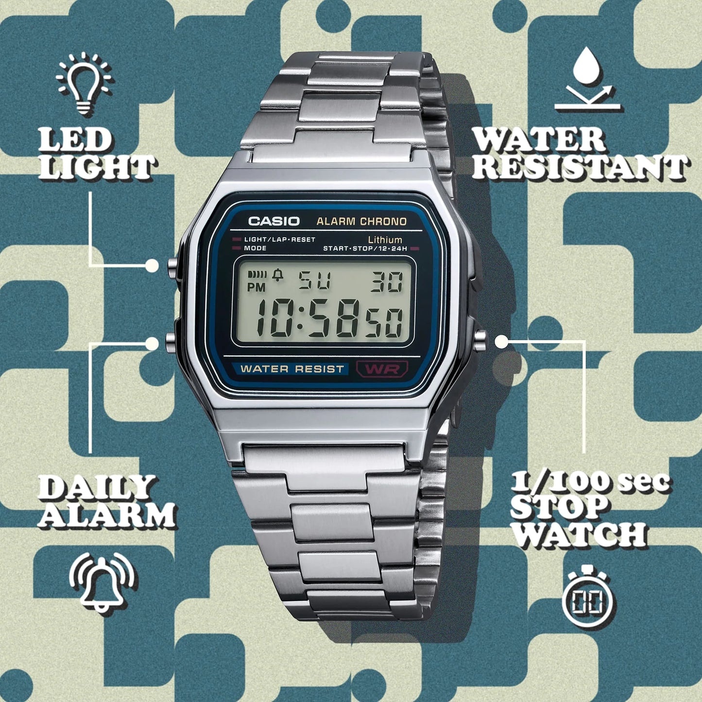 Casio Vintage Stainless Steel Digital Watch A158WA-1A Silver