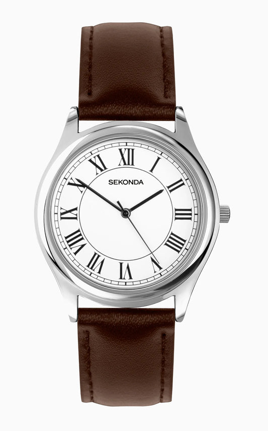 Sekonda Evans Men's Watch | Silver Alloy Case & Brown Leather Strap