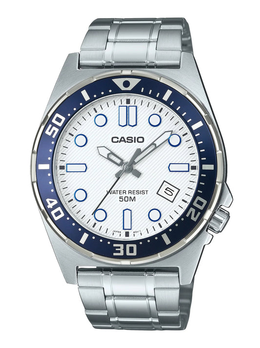 Casio 100M WR Navy Bezel Watch MTD-135D-7A Grey