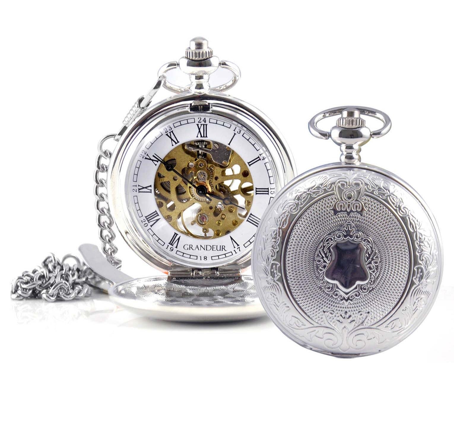 Grandeur Mechanical Wind Skeleton Pocket Watch - Silver Tone