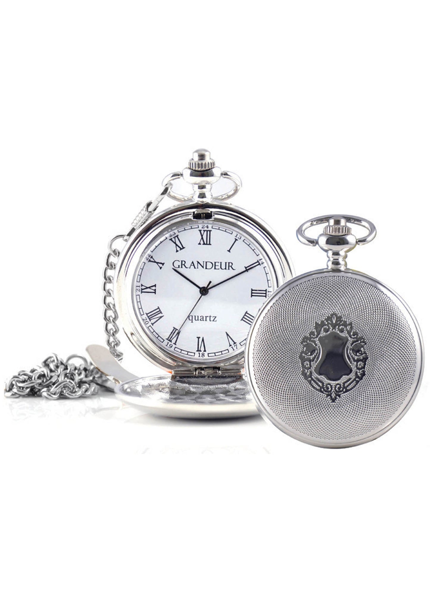 Grandeur Quartz Roman Numbers Pocket Watch - Silver Tone