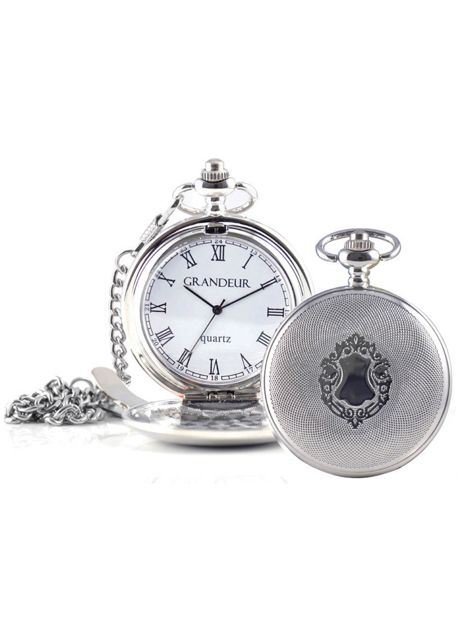 Grandeur Quartz Roman Numbers Pocket Watch - Silver Tone
