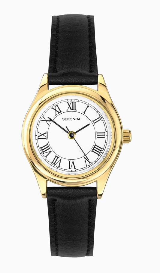 Sekonda Evans Ladies Watch | Gold Alloy Case & Black Leather Strap