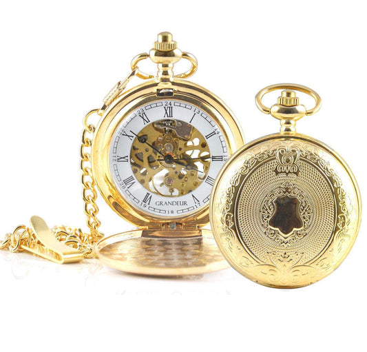 Grandeur Mechanical Wind Skeleton Pocket Watch - Gold Tone