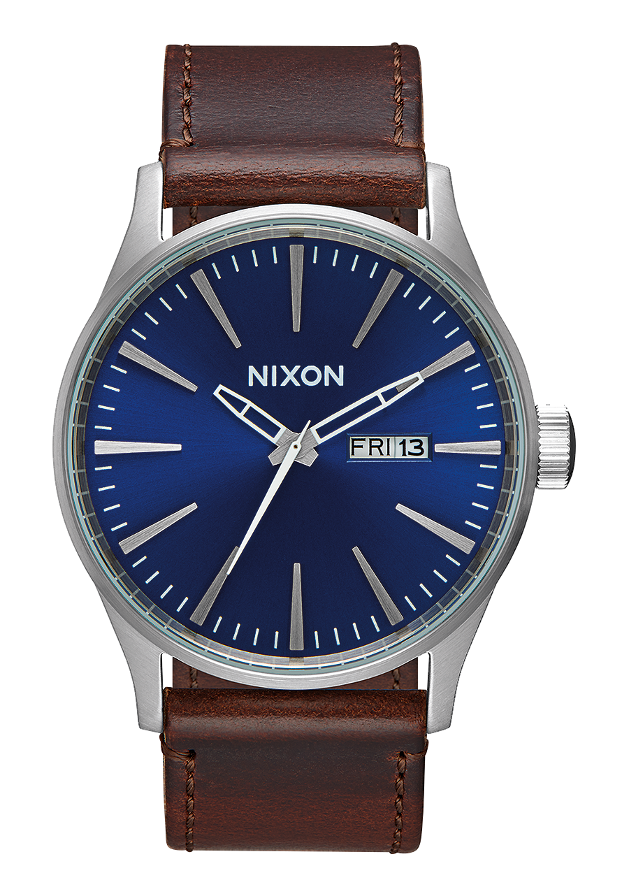 Nixon Mens Sentry Leather Watch Silver / Blue Dial / Brown Leather