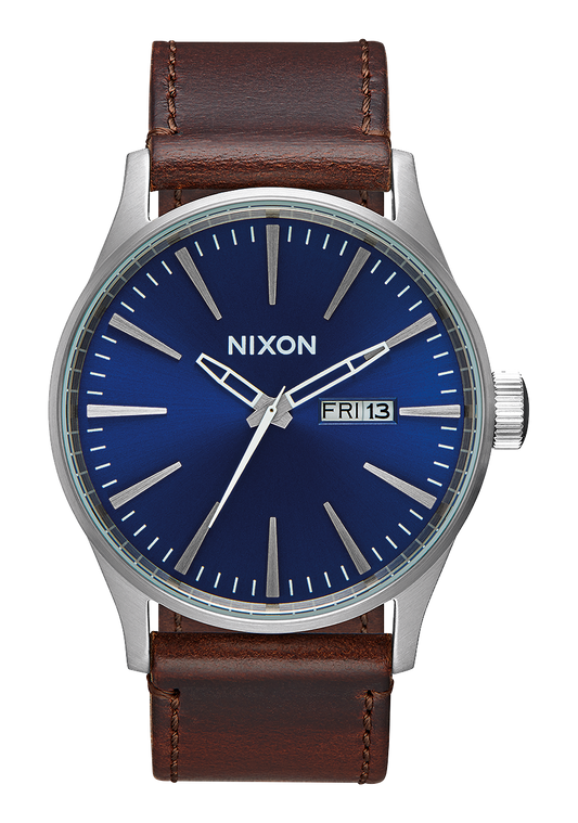Nixon Mens Sentry Leather Watch Silver / Blue Dial / Brown Leather