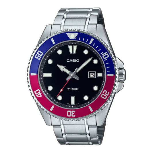 Casio 200M WR Rotating Bezel Watch MDV107D-1A3 Black/Silver/Red/Blue